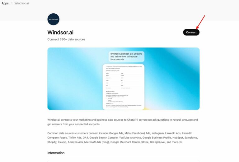 Fiche du connecteur Windsor.ai dans ChatGPT avec le bouton de connexion