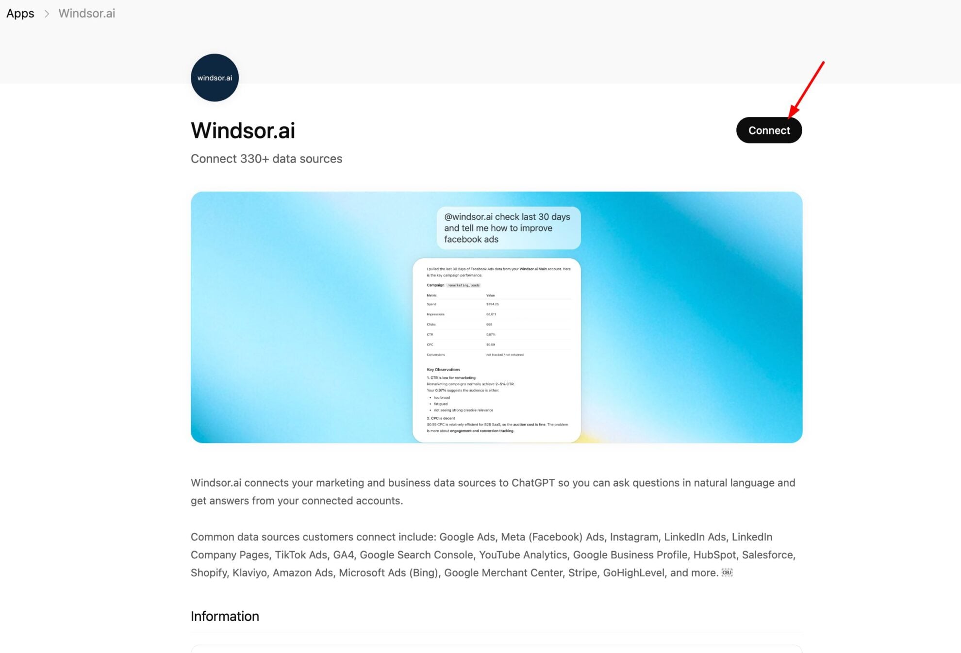 Fiche du connecteur Windsor.ai dans ChatGPT avec le bouton de connexion